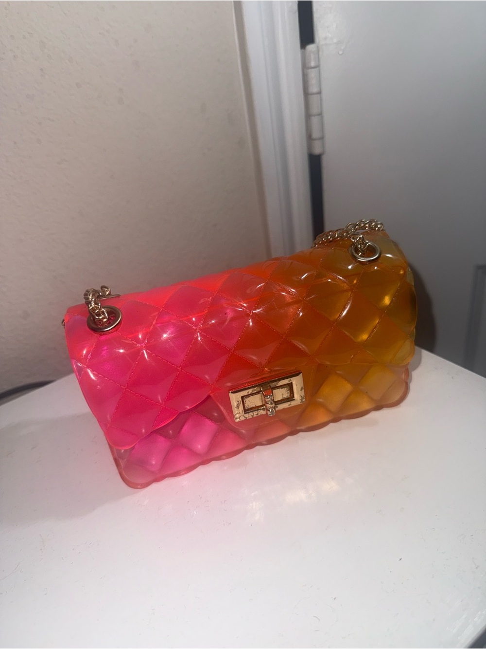Gradient Pink-Orange Quilted Crossbody Bag with Gold Chain